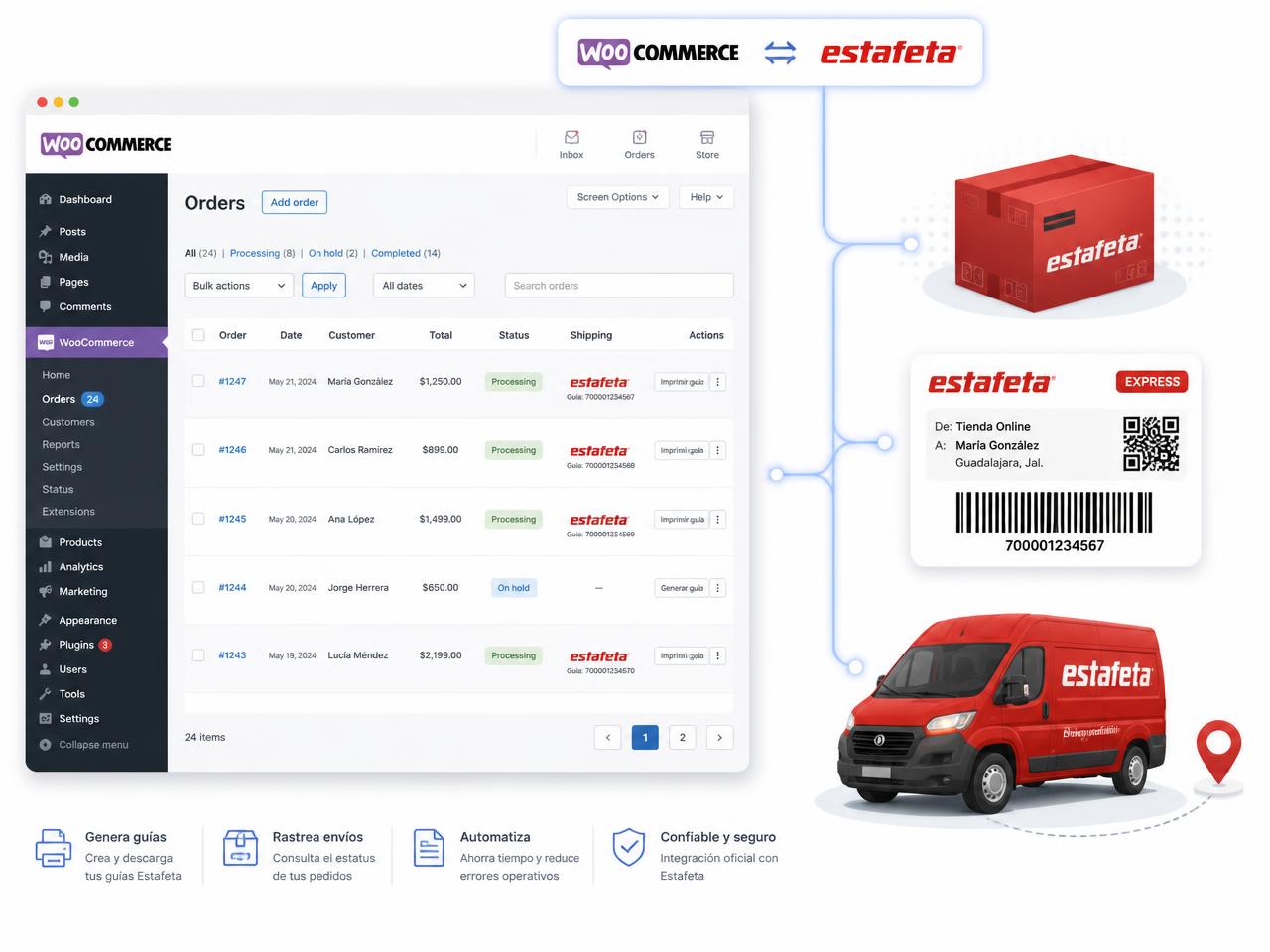 Panel de WooCommerce generando guías de envío conectado con paquetería Estafeta